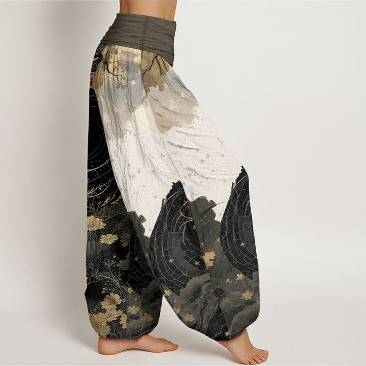 Pantaloni harem da donna in puro cotone con elastico in vita, motivo drago e albero antico, stile casual, Buddha Stones