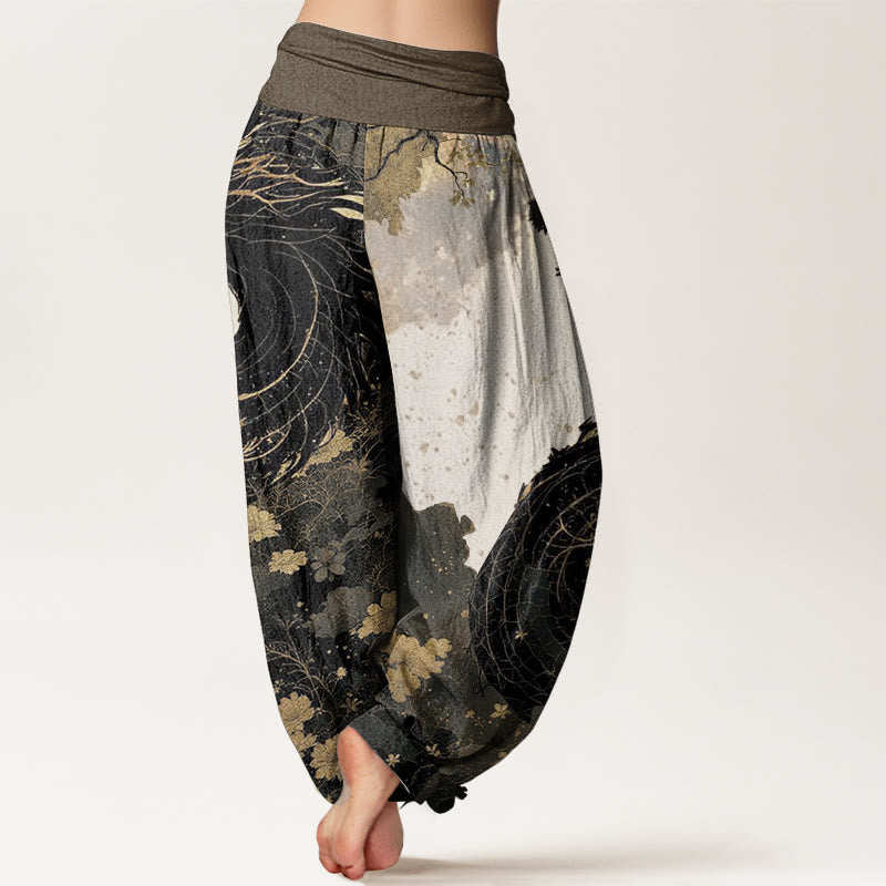 Pantaloni harem da donna in puro cotone con elastico in vita, motivo drago e albero antico, stile casual, Buddha Stones