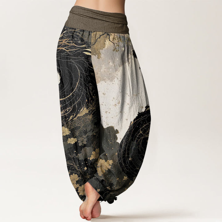 Pantaloni harem da donna in puro cotone con elastico in vita, motivo drago e albero antico, stile casual, Buddha Stones