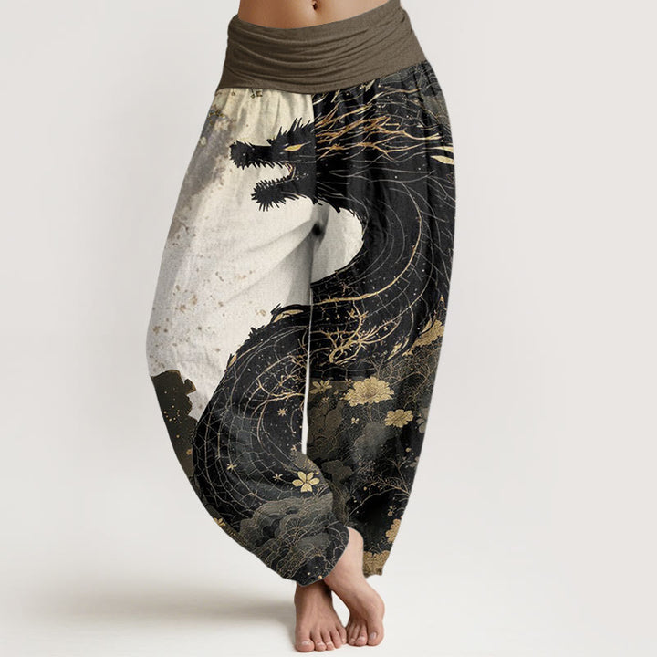Pantaloni harem da donna in puro cotone con elastico in vita, motivo drago e albero antico, stile casual, Buddha Stones
