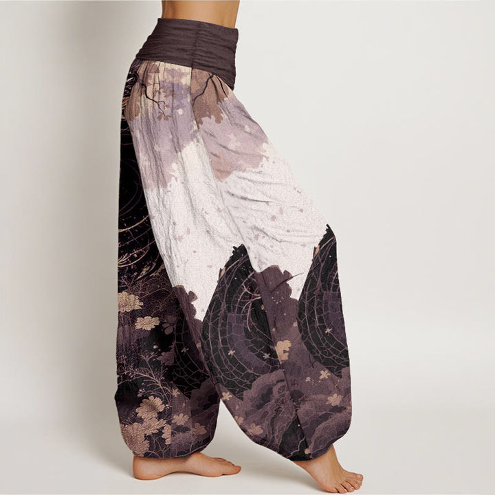 Pantaloni harem da donna in puro cotone con elastico in vita, motivo drago e albero antico, stile casual, Buddha Stones
