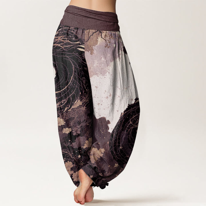 Pantaloni harem da donna in puro cotone con elastico in vita, motivo drago e albero antico, stile casual, Buddha Stones
