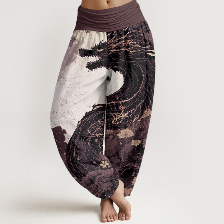 Pantaloni harem da donna in puro cotone con elastico in vita, motivo drago e albero antico, stile casual, Buddha Stones