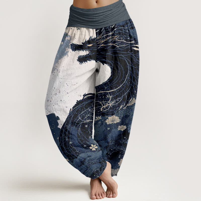Pantaloni harem da donna in puro cotone con elastico in vita, motivo drago e albero antico, stile casual, Buddha Stones