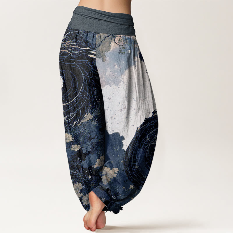 Pantaloni harem da donna in puro cotone con elastico in vita, motivo drago e albero antico, stile casual, Buddha Stones