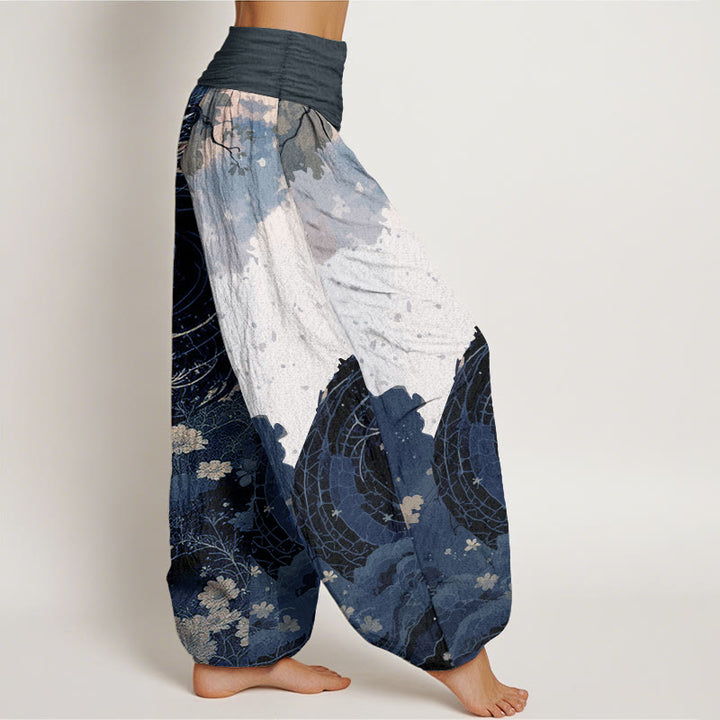 Pantaloni harem da donna in puro cotone con elastico in vita, motivo drago e albero antico, stile casual, Buddha Stones