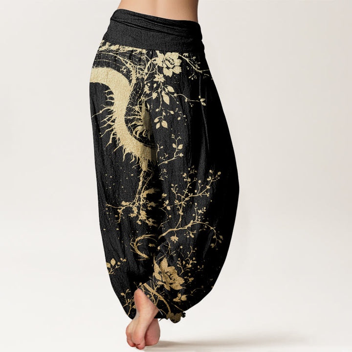 Pantaloni harem da donna con elastico in vita, in puro cotone, casual, con motivo a drago, fiore e foglie, motivo Buddha Stones