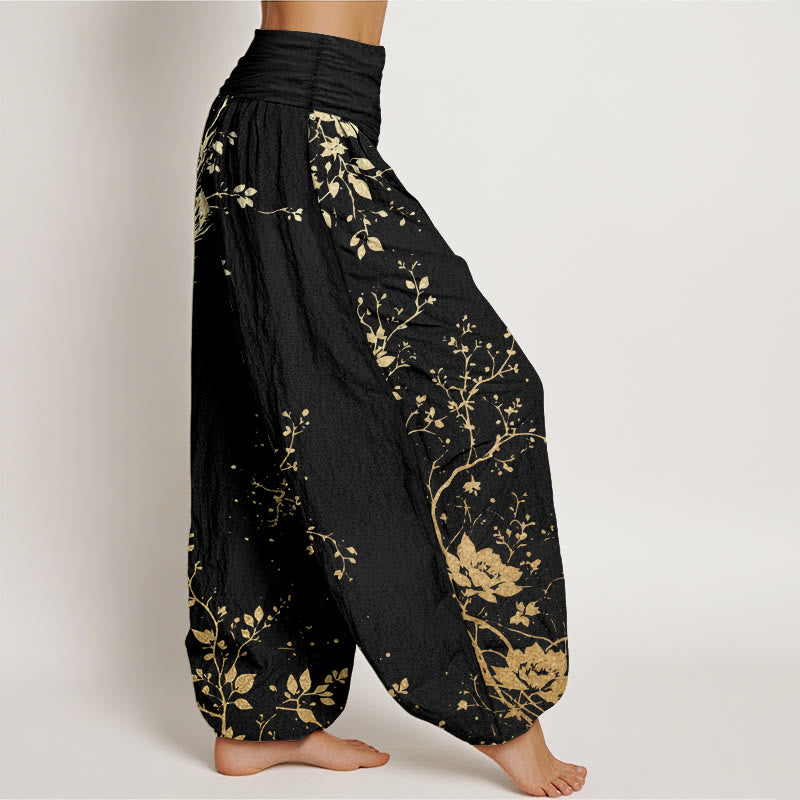 Pantaloni harem da donna con elastico in vita, in puro cotone, casual, con motivo a drago, fiore e foglie, motivo Buddha Stones