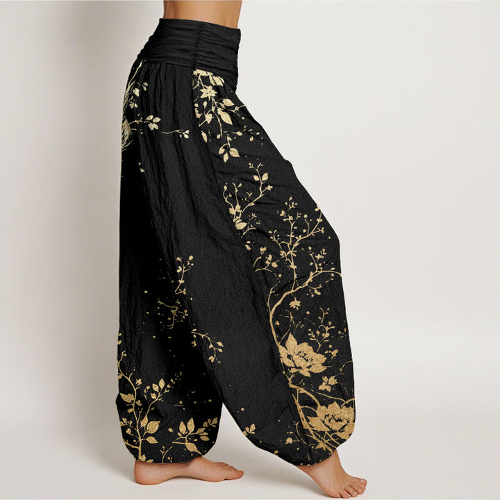 Pantaloni harem da donna con elastico in vita, in puro cotone, casual, con motivo a drago, fiore e foglie, motivo Buddha Stones