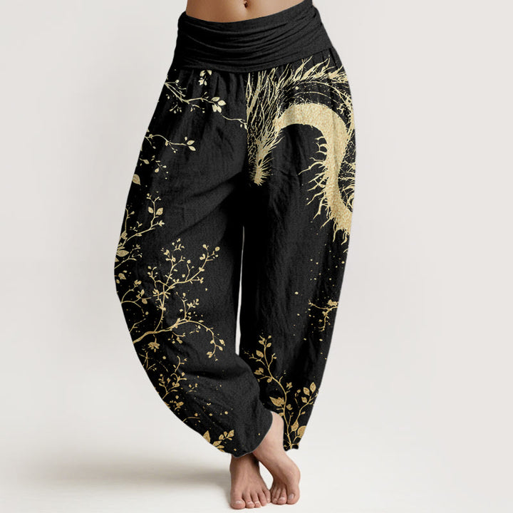 Pantaloni harem da donna con elastico in vita, in puro cotone, casual, con motivo a drago, fiore e foglie, motivo Buddha Stones