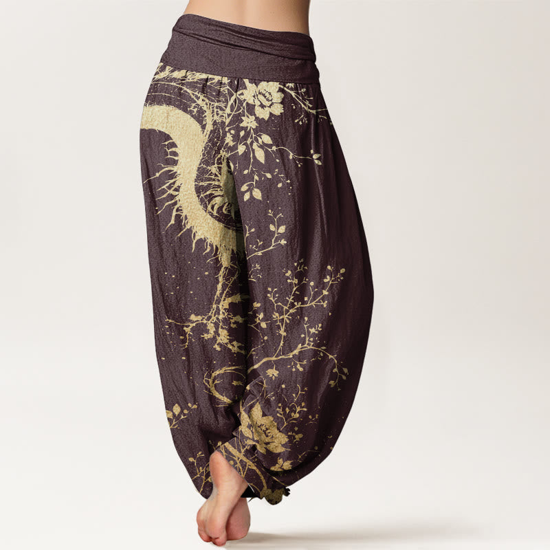 Pantaloni harem da donna con elastico in vita, in puro cotone, casual, con motivo a drago, fiore e foglie, motivo Buddha Stones - image 7