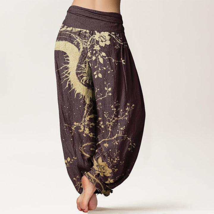 Pantaloni harem da donna con elastico in vita, in puro cotone, casual, con motivo a drago, fiore e foglie, motivo Buddha Stones - image 7