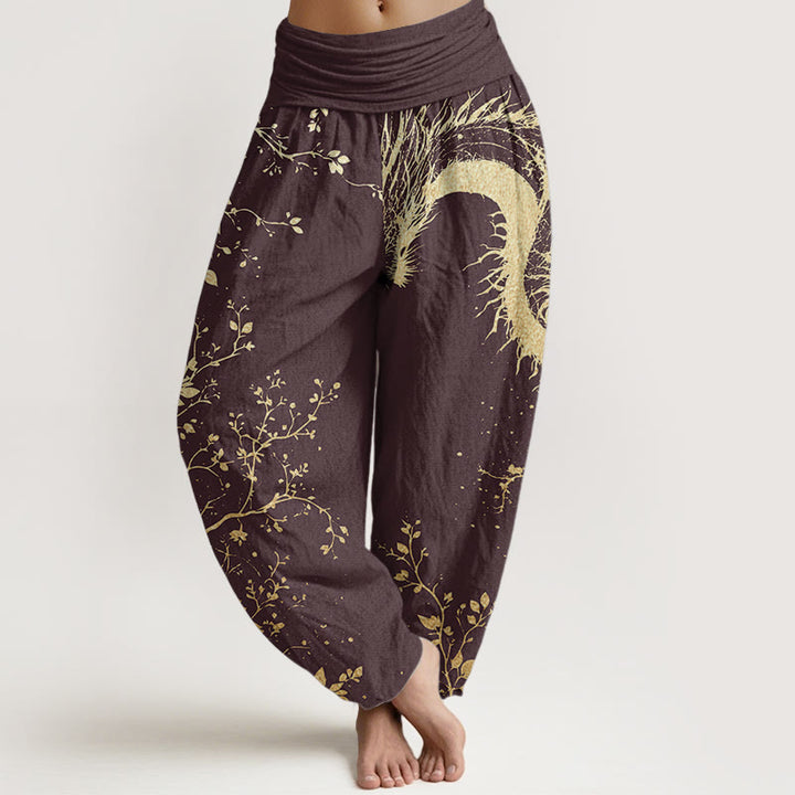 Pantaloni harem da donna con elastico in vita, in puro cotone, casual, con motivo a drago, fiore e foglie, motivo Buddha Stones