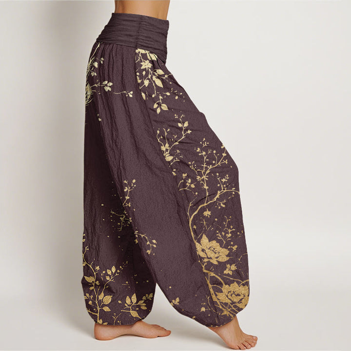 Pantaloni harem da donna con elastico in vita, in puro cotone, casual, con motivo a drago, fiore e foglie, motivo Buddha Stones