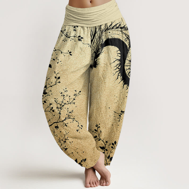 Pantaloni harem da donna con elastico in vita, in puro cotone, casual, con motivo a drago, fiore e foglie, motivo Buddha Stones