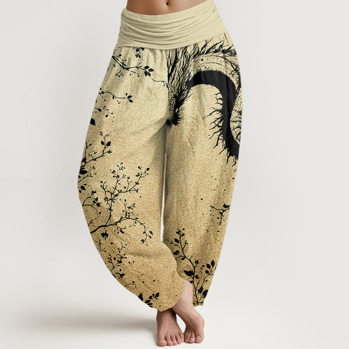 Pantaloni harem da donna con elastico in vita, in puro cotone, casual, con motivo a drago, fiore e foglie, motivo Buddha Stones