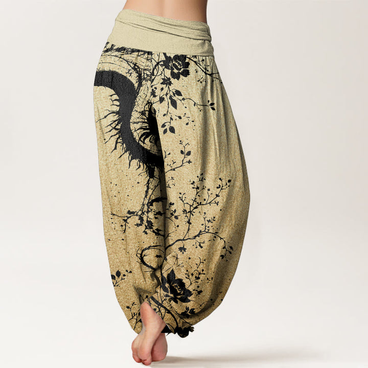 Pantaloni harem da donna con elastico in vita, in puro cotone, casual, con motivo a drago, fiore e foglie, motivo Buddha Stones
