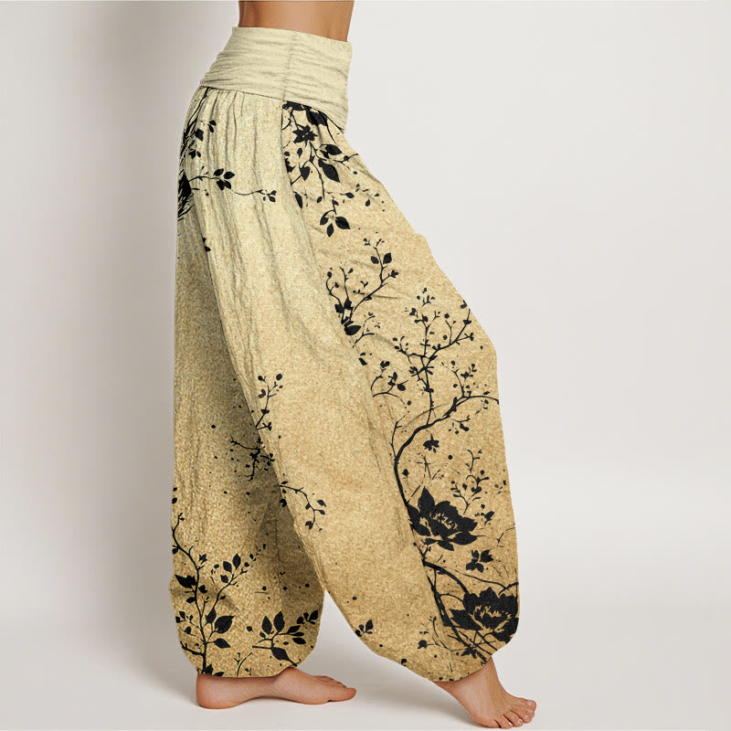 Pantaloni harem da donna con elastico in vita, in puro cotone, casual, con motivo a drago, fiore e foglie, motivo Buddha Stones