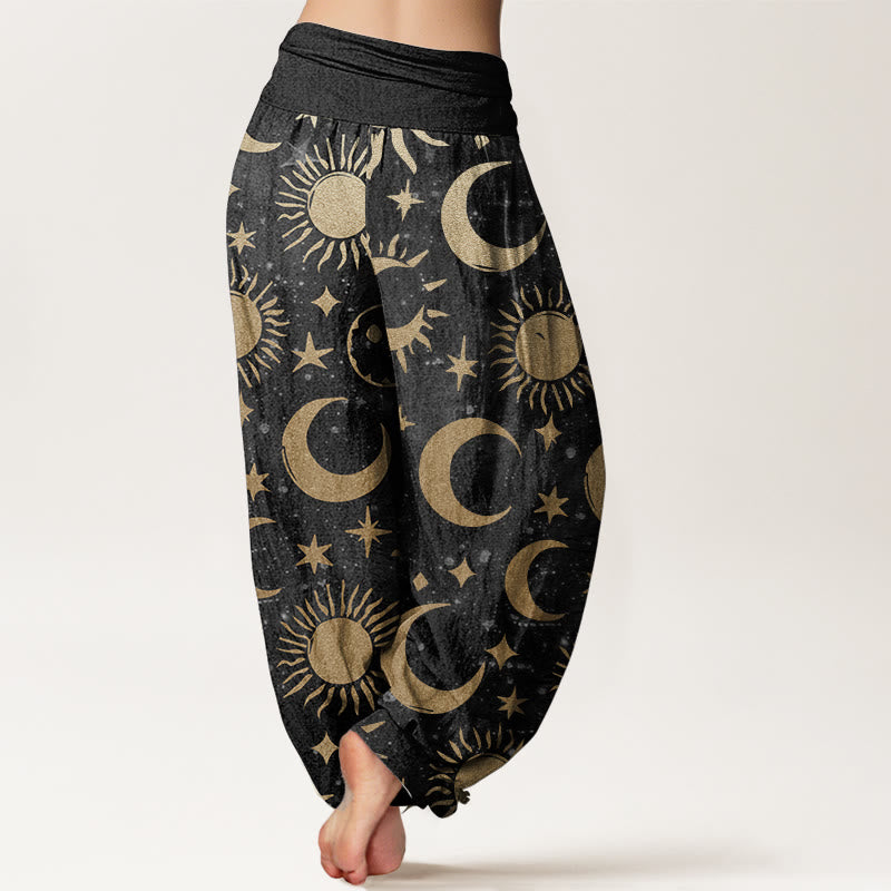Pantaloni harem da donna in cotone con elastico in vita, motivo a mezzaluna, sole e stelle, modello Buddha Stones