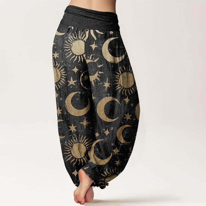Pantaloni harem da donna in cotone con elastico in vita, motivo a mezzaluna, sole e stelle, modello Buddha Stones