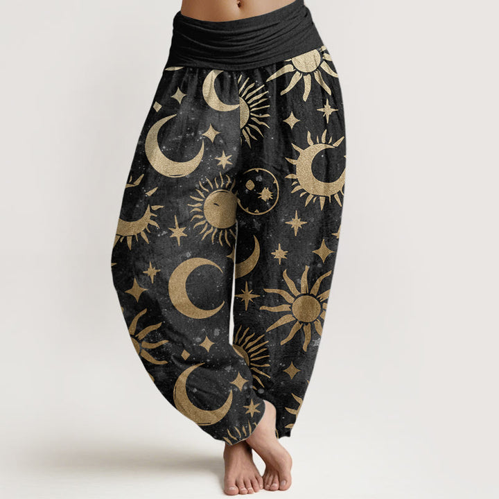 Pantaloni harem da donna in cotone con elastico in vita, motivo a mezzaluna, sole e stelle, modello Buddha Stones