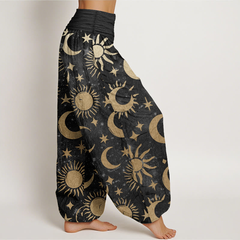 Pantaloni harem da donna in cotone con elastico in vita, motivo a mezzaluna, sole e stelle, modello Buddha Stones