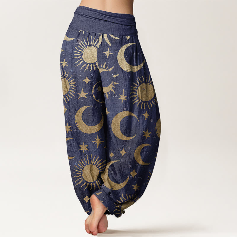 Pantaloni harem da donna in cotone con elastico in vita, motivo a mezzaluna, sole e stelle, modello Buddha Stones
