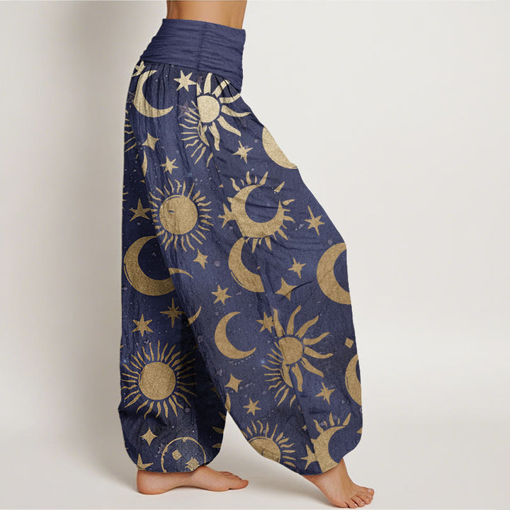 Pantaloni harem da donna in cotone con elastico in vita, motivo a mezzaluna, sole e stelle, modello Buddha Stones