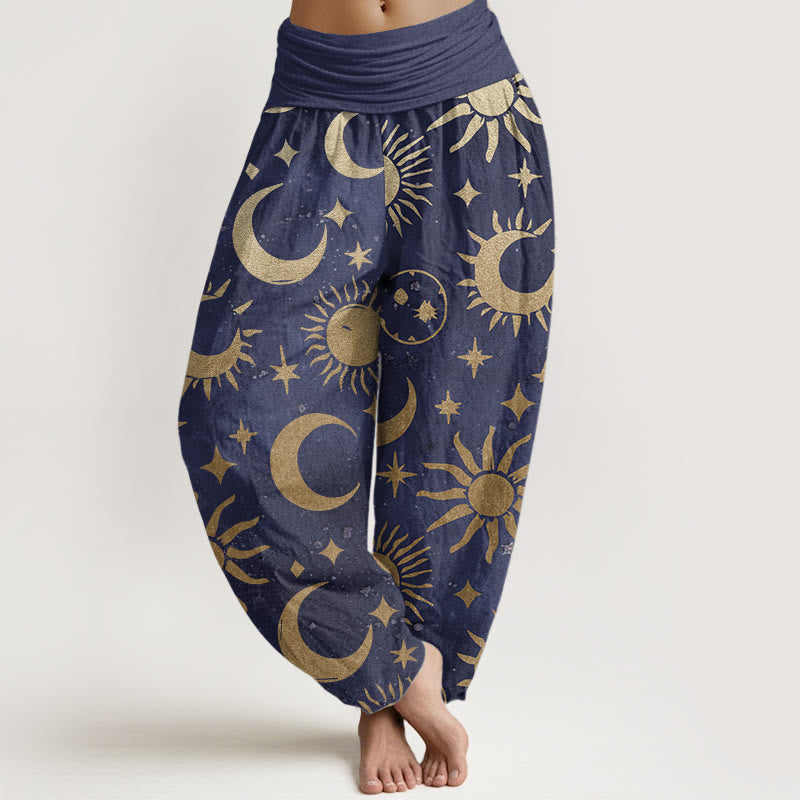 Pantaloni harem da donna in cotone con elastico in vita, motivo a mezzaluna, sole e stelle, modello Buddha Stones
