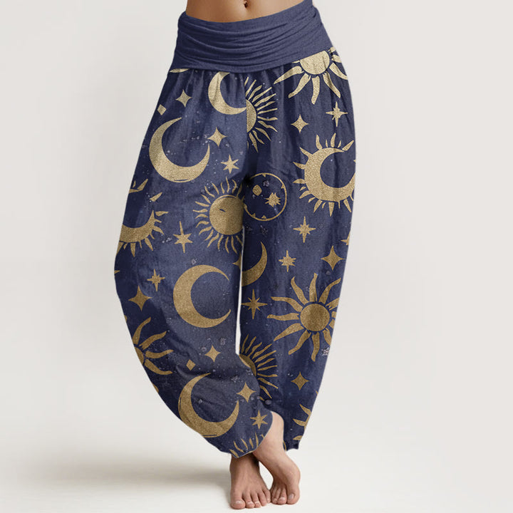 Pantaloni harem da donna in cotone con elastico in vita, motivo a mezzaluna, sole e stelle, modello Buddha Stones