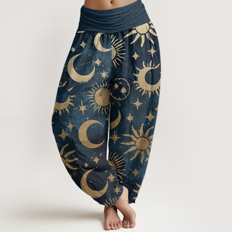 Pantaloni harem da donna in cotone con elastico in vita, motivo a mezzaluna, sole e stelle, modello Buddha Stones