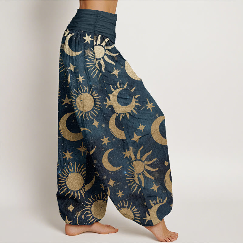 Pantaloni harem da donna in cotone con elastico in vita, motivo a mezzaluna, sole e stelle, modello Buddha Stones