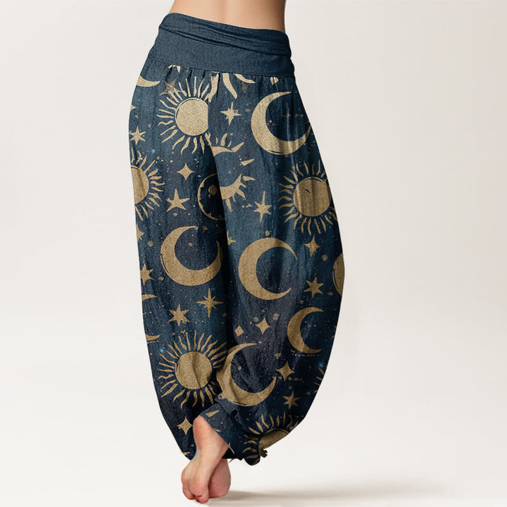 Pantaloni harem da donna in cotone con elastico in vita, motivo a mezzaluna, sole e stelle, modello Buddha Stones