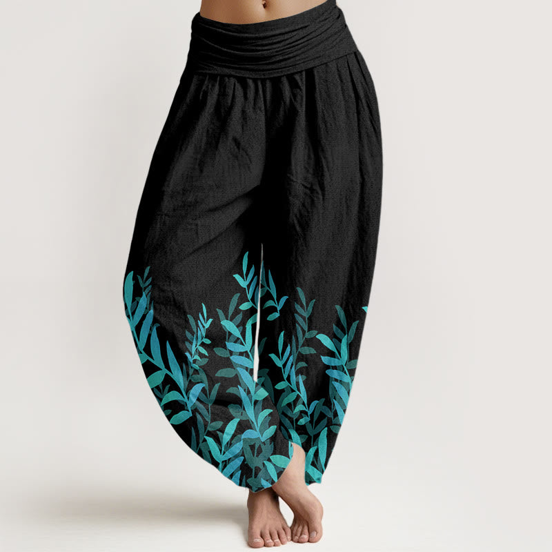 Pantaloni harem da donna con elastico in vita e motivo a foglie casual in puro cotone Buddha Stones - Nero - US22, UK/AU26, EU54 (6XL) - image 0