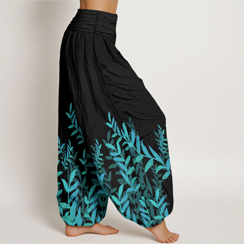 Pantaloni harem da donna con elastico in vita e motivo a foglie casual in puro cotone Buddha Stones