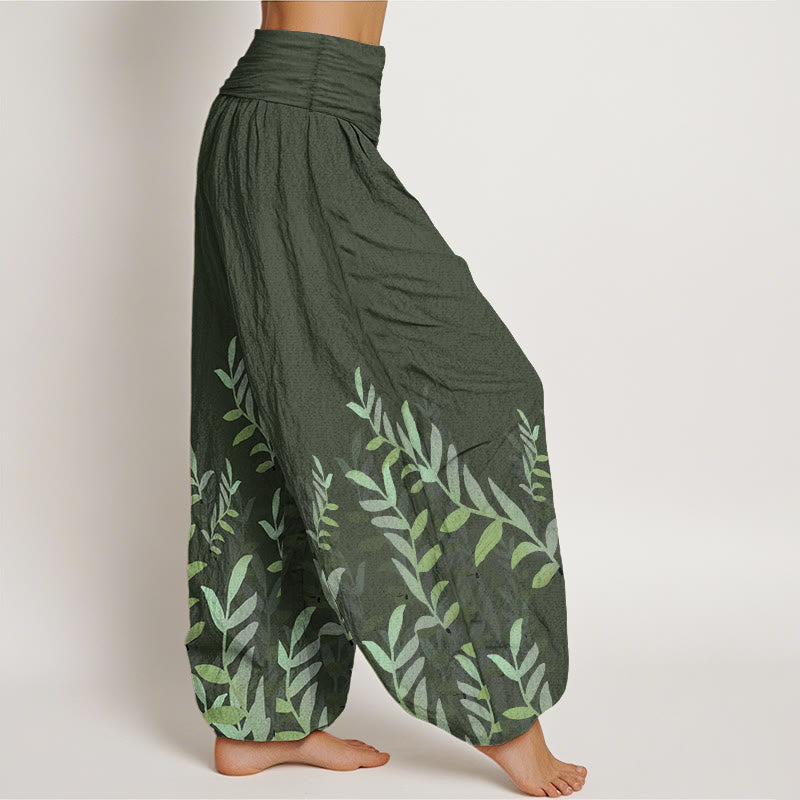 Pantaloni harem da donna con elastico in vita e motivo a foglie casual in puro cotone Buddha Stones