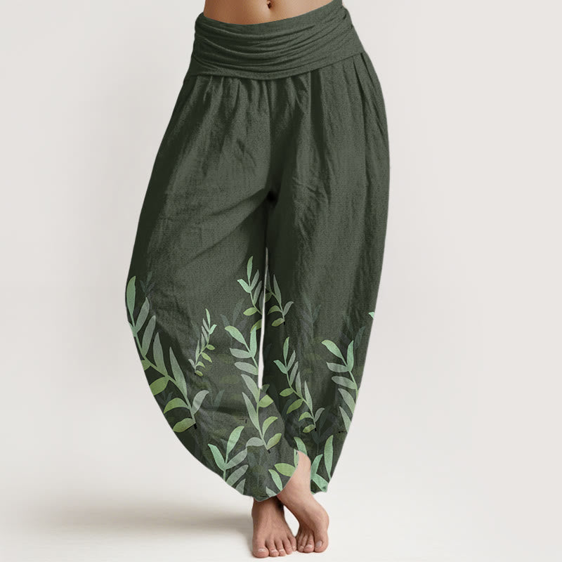 Pantaloni harem da donna con elastico in vita e motivo a foglie casual in puro cotone Buddha Stones - Verde foresta - US22, UK/AU26, EU54 (6XL) - image 6