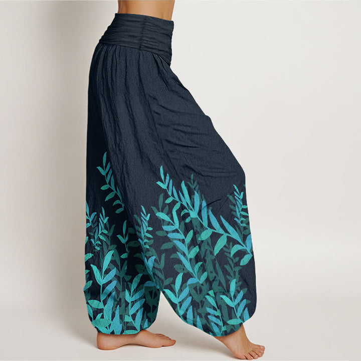 Pantaloni harem da donna con elastico in vita e motivo a foglie casual in puro cotone Buddha Stones