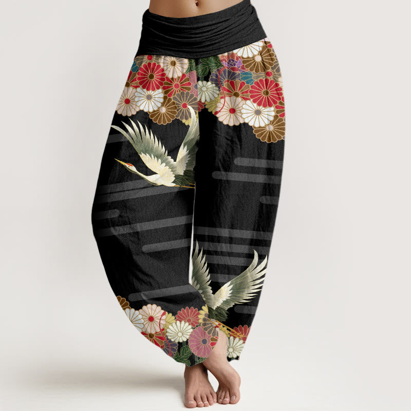 Pantaloni harem da donna con elastico in vita, modello Buddha Stones Casual Crane Chrysanthemum - Nero - US22, UK/AU26, EU54 (6XL) - image 1
