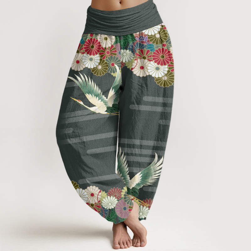 Pantaloni harem da donna con elastico in vita, modello Buddha Stones in cotone casual con gru e crisantemo - SeaGreen - US22, UK/AU26, EU54 (6XL) - image 4
