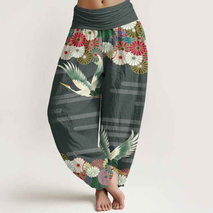 Pantaloni harem da donna con elastico in vita, modello Buddha Stones in cotone casual con gru e crisantemo - SeaGreen - US22, UK/AU26, EU54 (6XL) - image 4