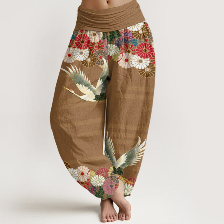 Pantaloni harem da donna con elastico in vita, modello Buddha Stones in cotone casual con gru e crisantemo - DarkGoldenrod - US22, UK/AU26, EU54 (6XL) - image 7