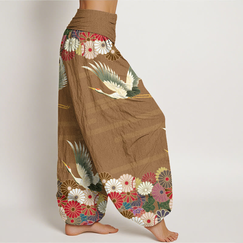 Pantaloni harem da donna con elastico in vita, modello Buddha Stones in cotone casual con gru e crisantemo - image 8
