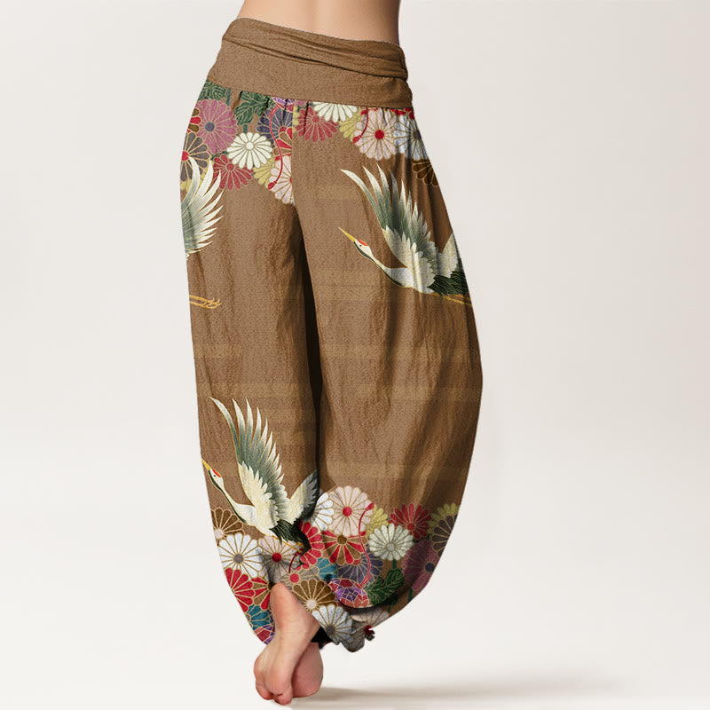 Pantaloni harem da donna con elastico in vita, modello Buddha Stones in cotone casual con gru e crisantemo - image 9