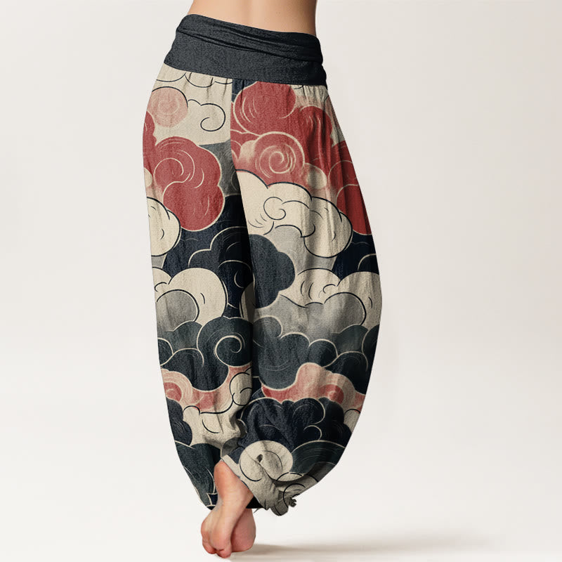 Pantaloni harem da donna in puro cotone con elastico in vita, modello nuvole di buon auspicio, motivo Buddha Stones