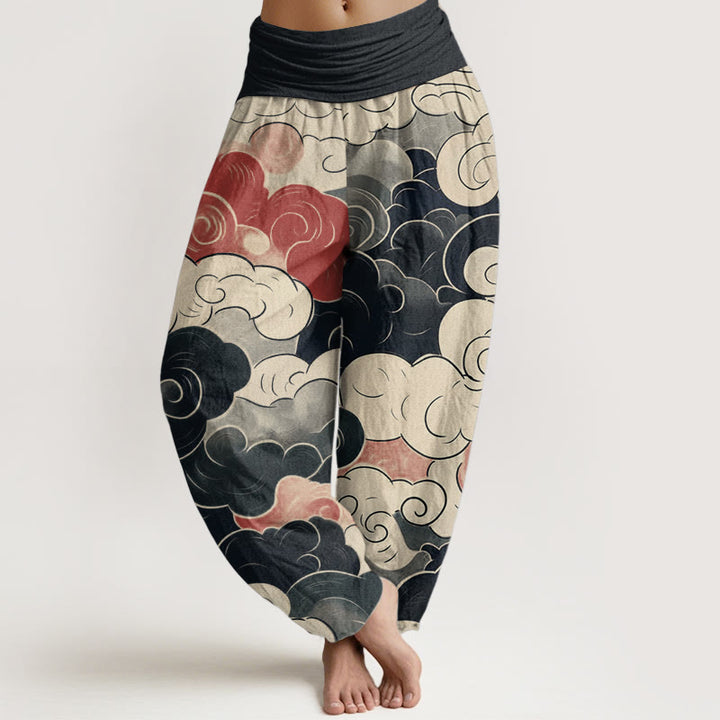 Pantaloni harem da donna in puro cotone con elastico in vita, modello nuvole di buon auspicio, motivo Buddha Stones - Nero - US22, UK/AU26, EU54 (6XL) - image 0