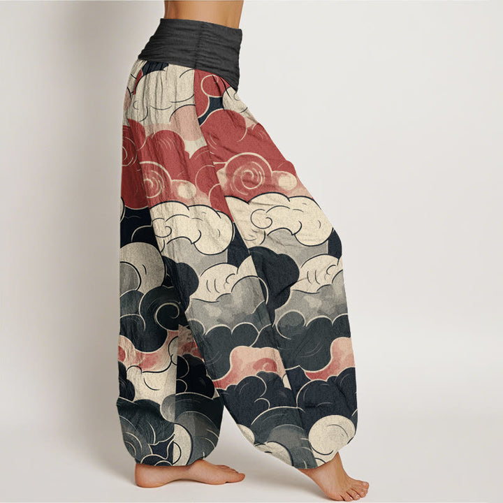 Pantaloni harem da donna in puro cotone con elastico in vita, modello nuvole di buon auspicio, motivo Buddha Stones