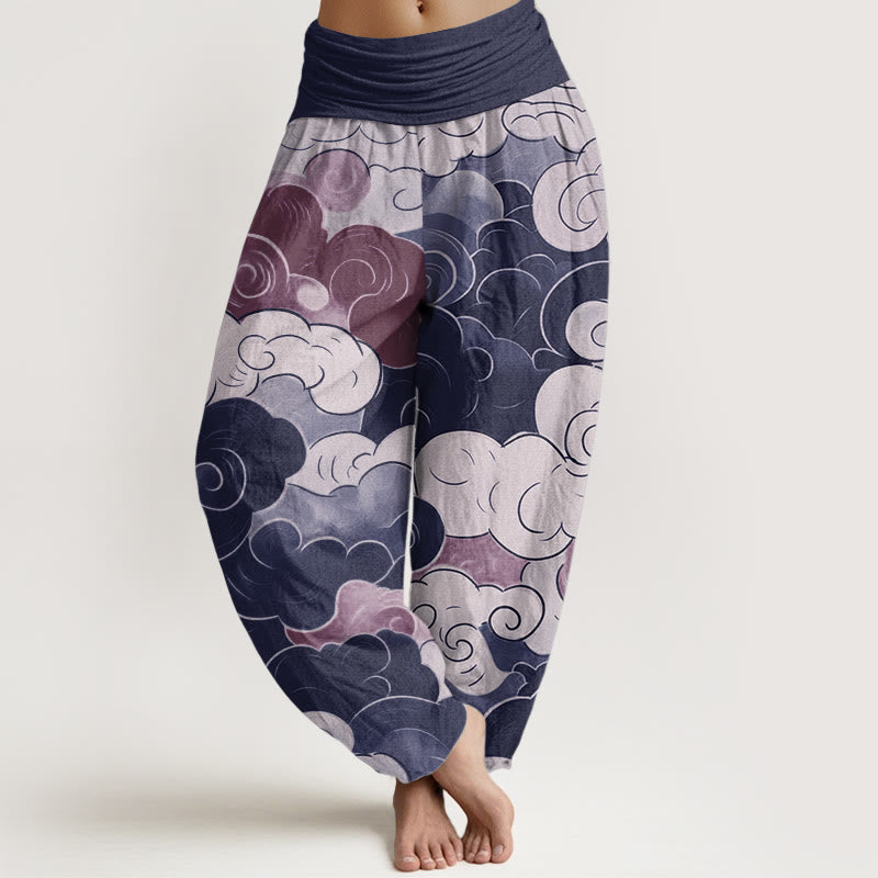 Pantaloni harem da donna in puro cotone con elastico in vita, modello nuvole di buon auspicio, motivo Buddha Stones