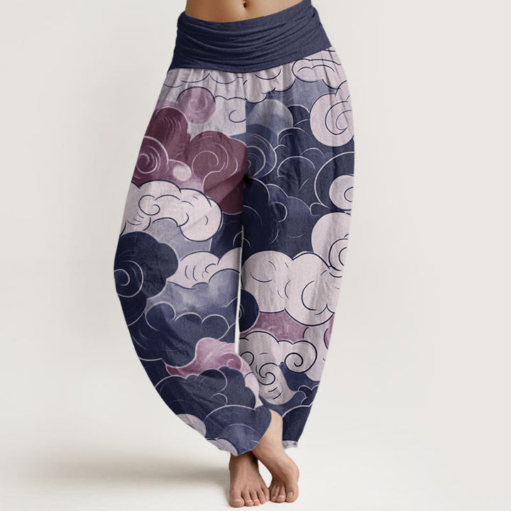Pantaloni harem da donna in puro cotone con elastico in vita, modello nuvole di buon auspicio, motivo Buddha Stones