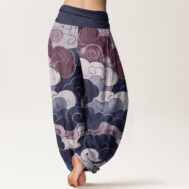 Pantaloni harem da donna in puro cotone con elastico in vita, modello nuvole di buon auspicio, motivo Buddha Stones